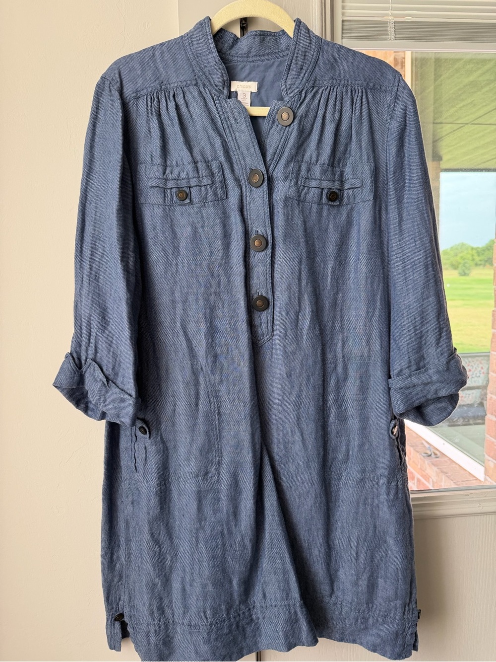 Chico's Soft Blue Button Jacket with Stand Collar